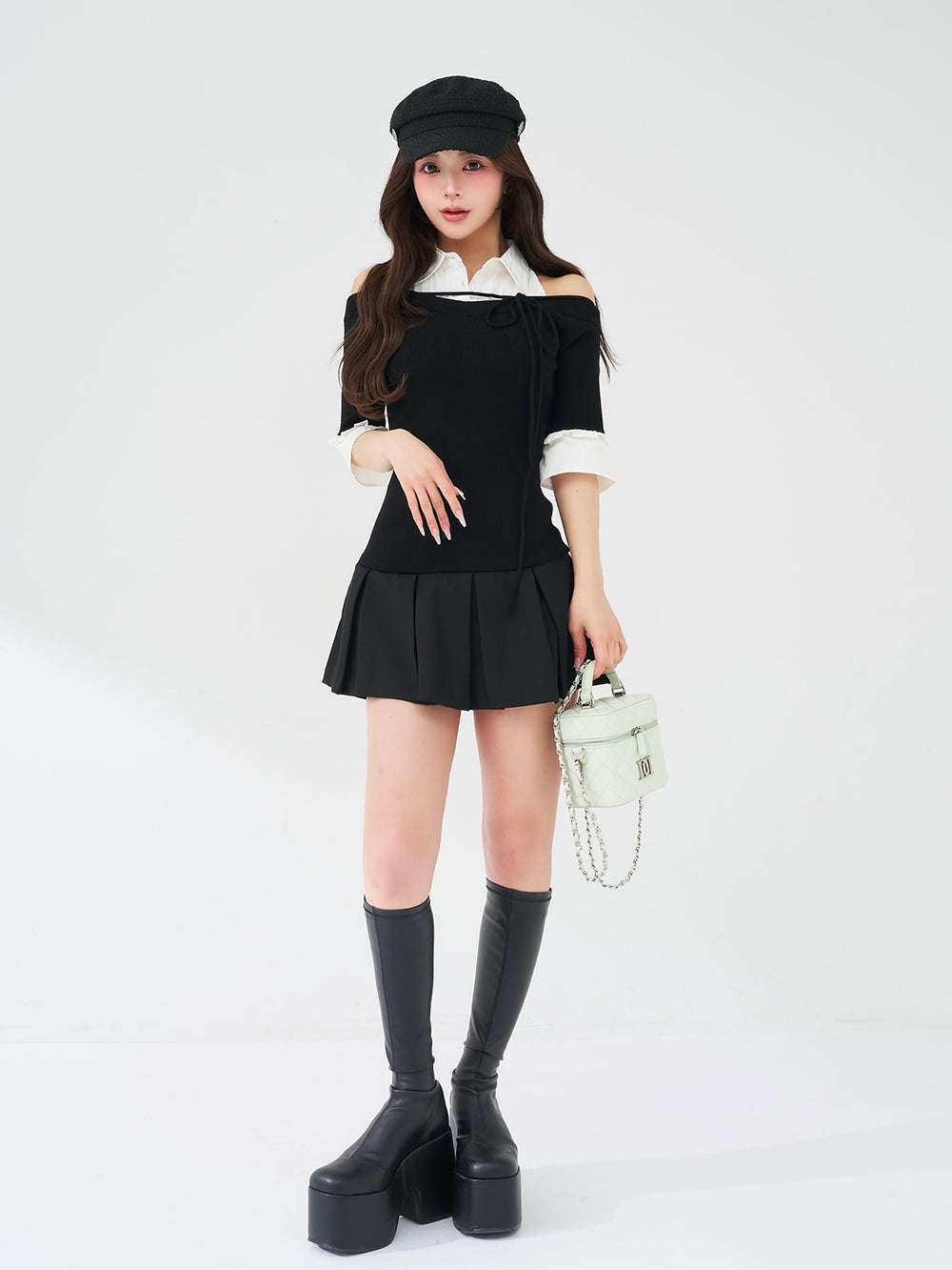 シャツドッキングオフショルプリーツミニワンピース – Darich