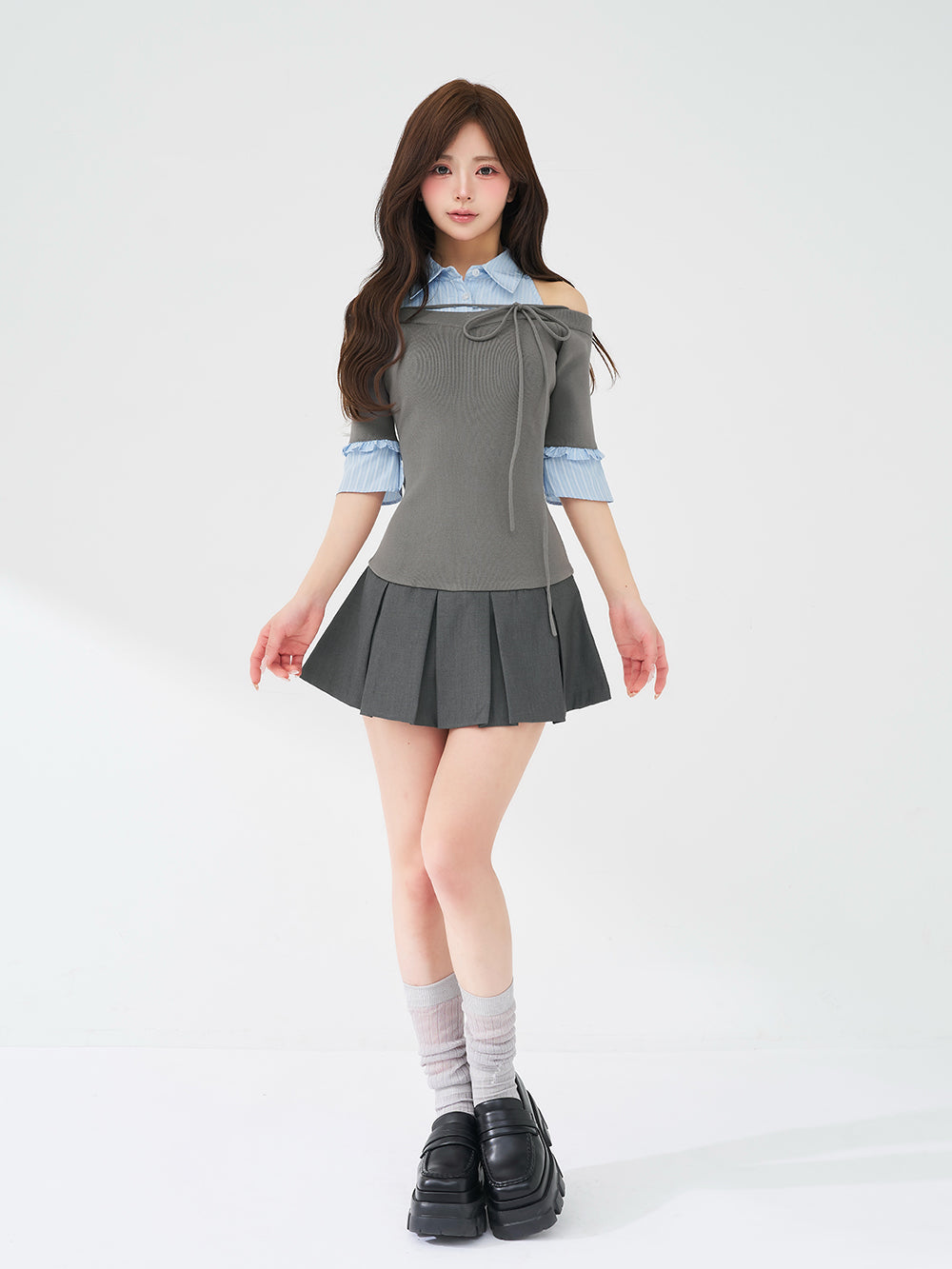 シャツドッキングオフショルプリーツミニワンピース – Darich