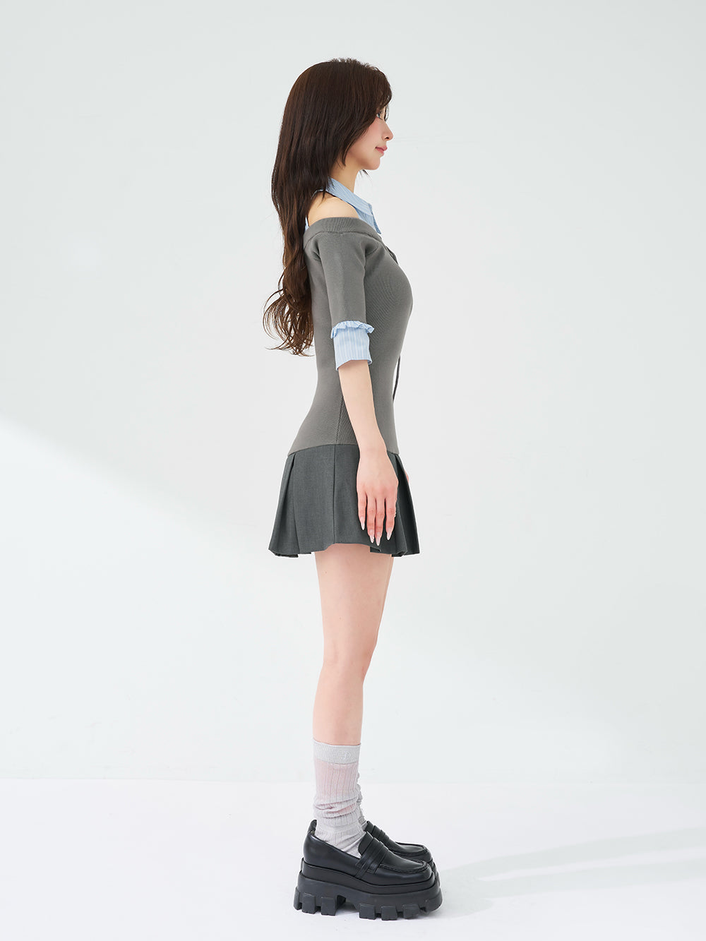 シャツドッキングオフショルプリーツミニワンピース – Darich