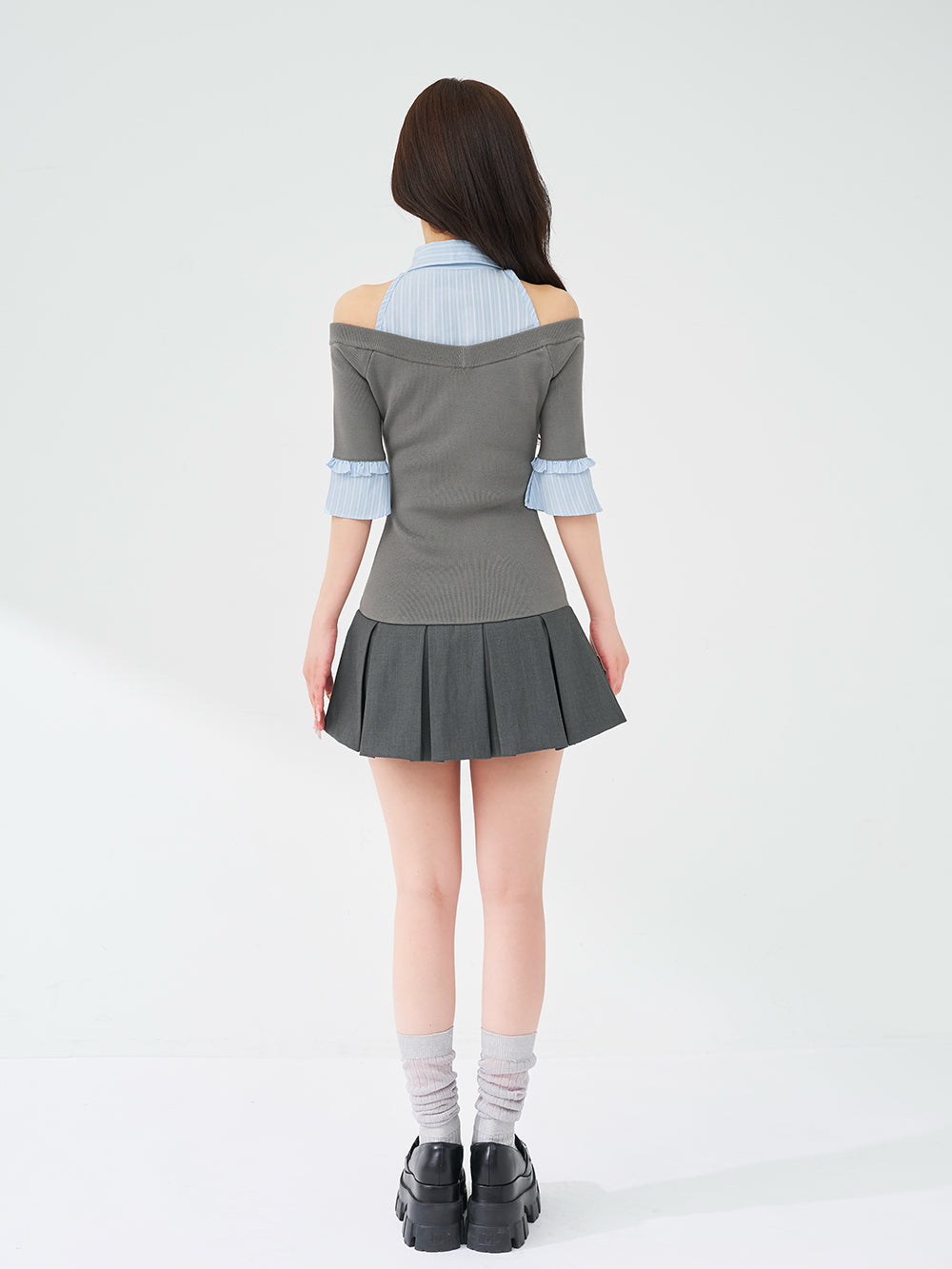 シャツドッキングオフショルプリーツミニワンピース