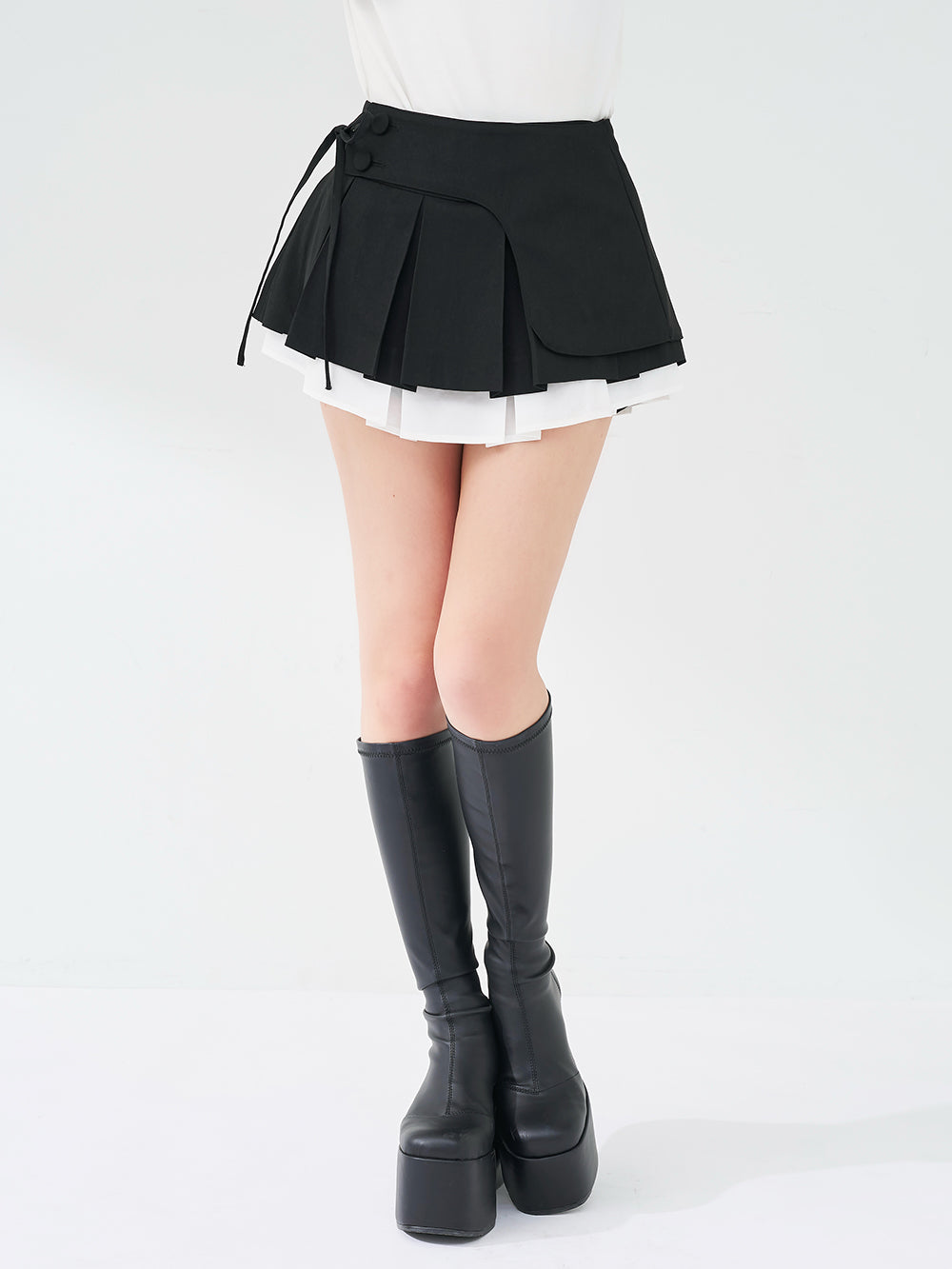 ダブルレイヤードプリーツミニスカート - blk