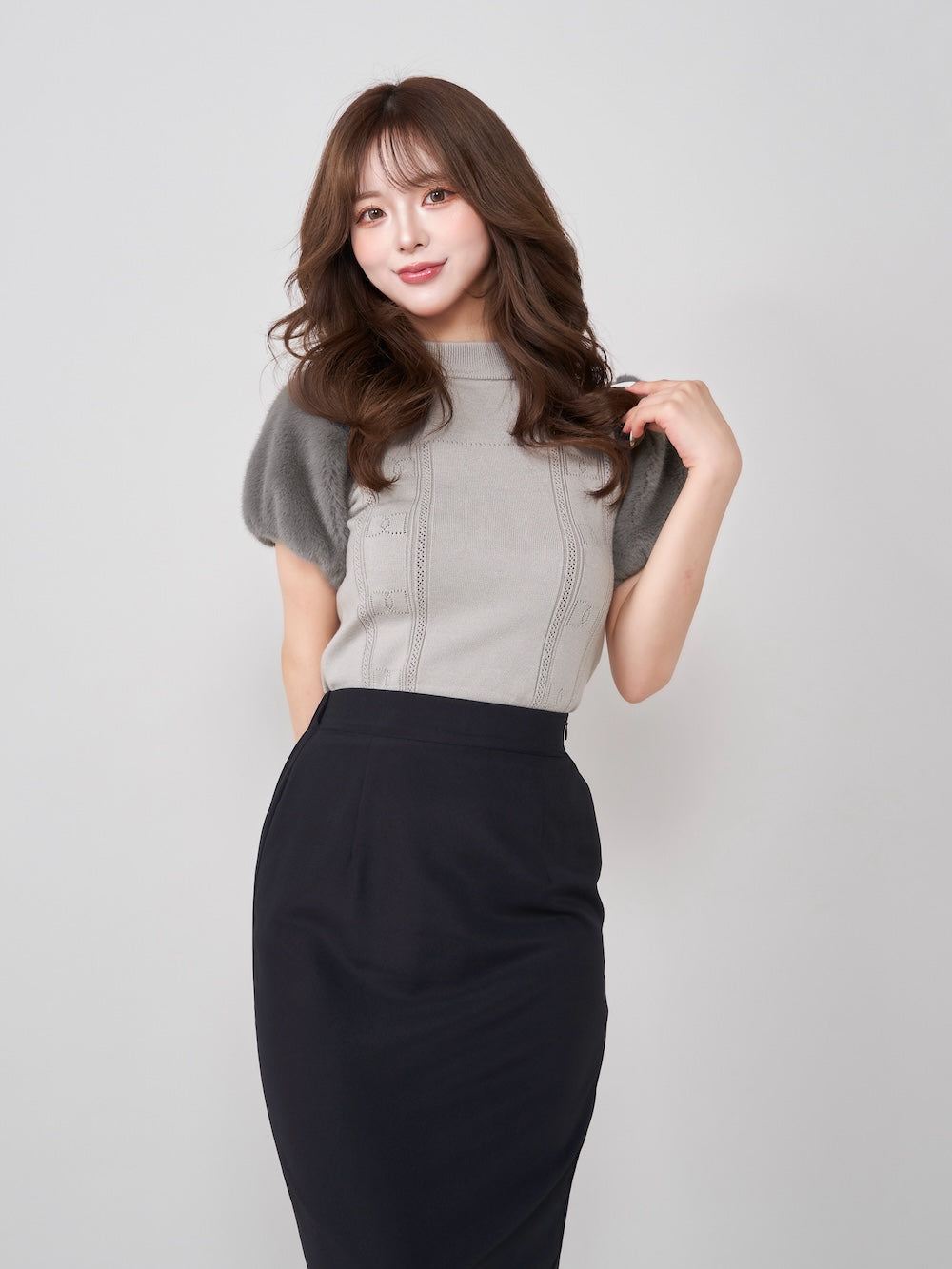 ファースリーブDDニットトップス - gry