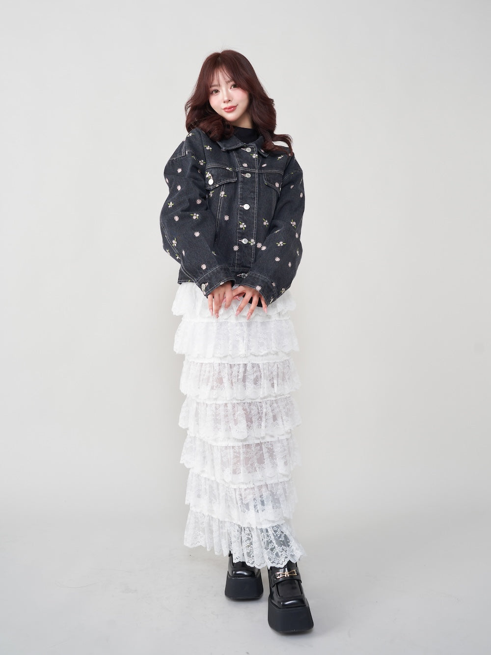 フラワーレースティアードフリルスカート