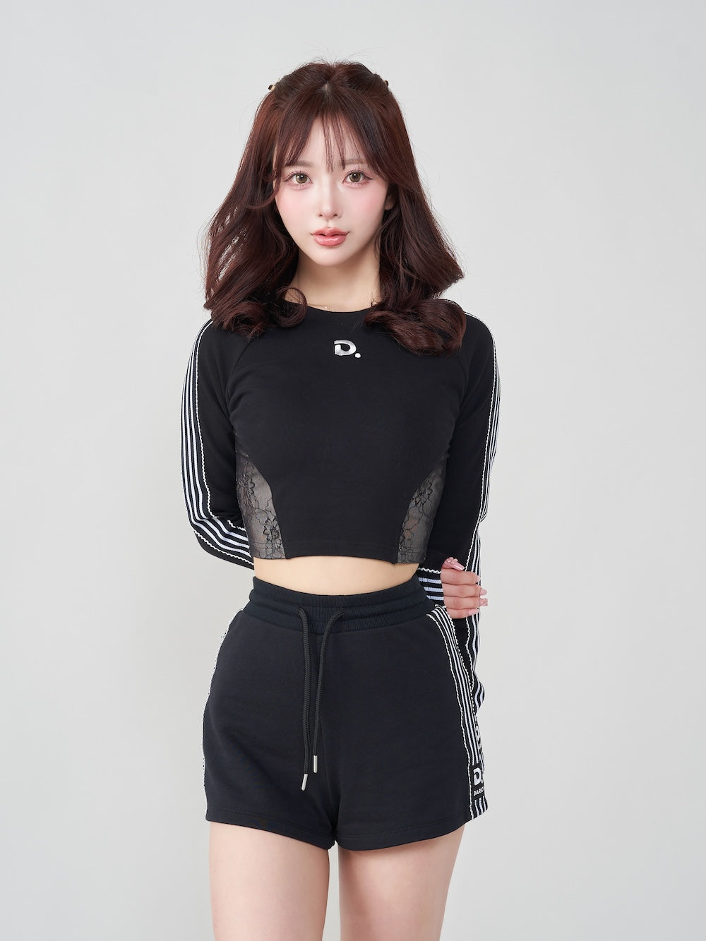 レースドッキングラインクロップドトップス - blk