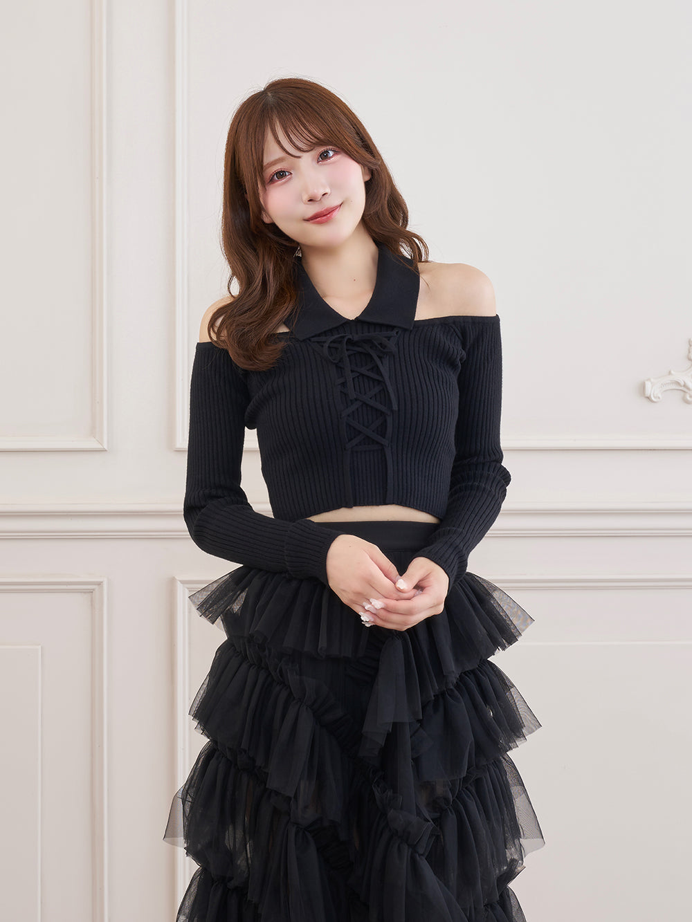 レースアップバイカラーニットトップス - blk