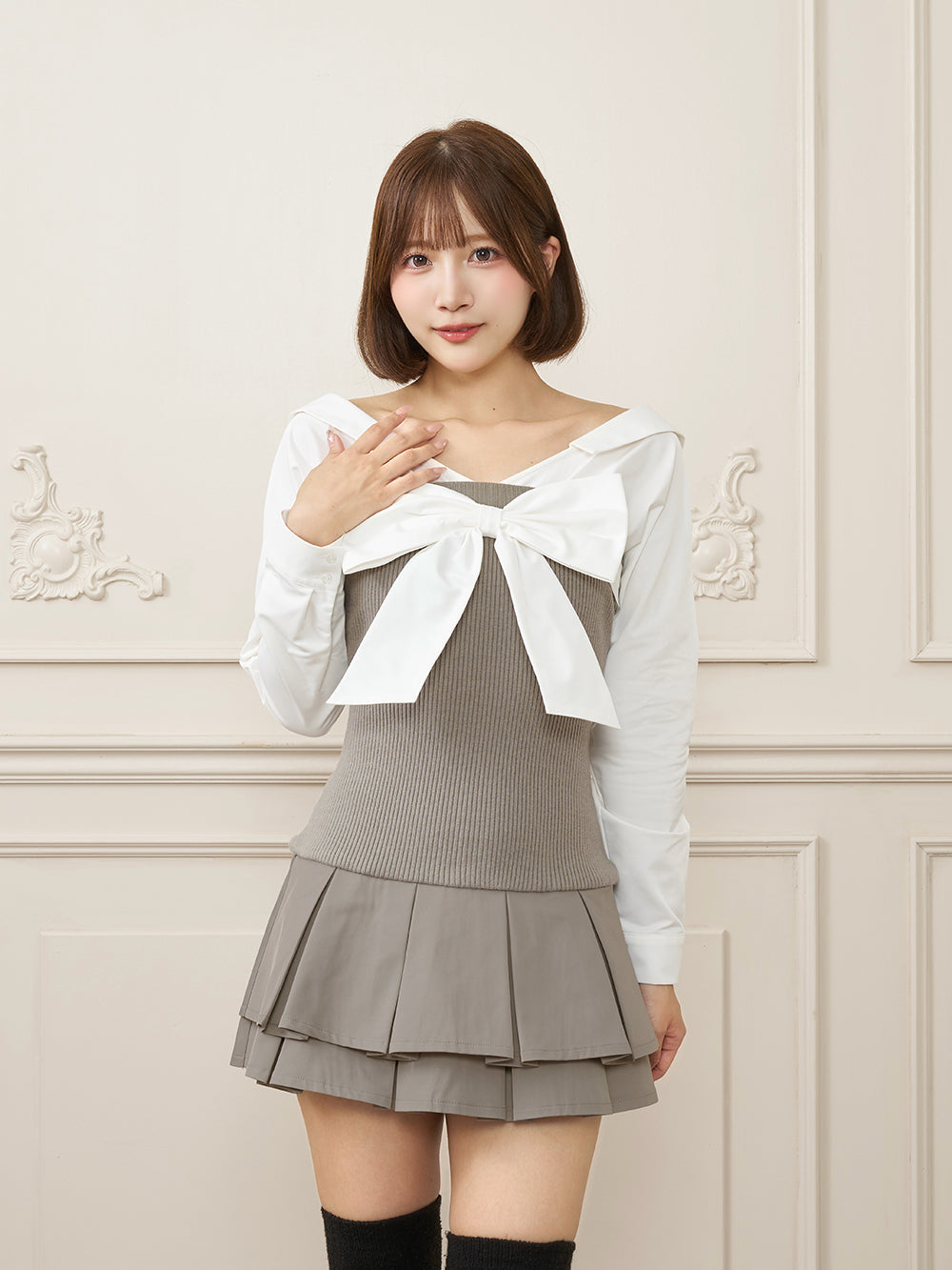 シャツドッキングダブルプリーツミニワンピース - gry