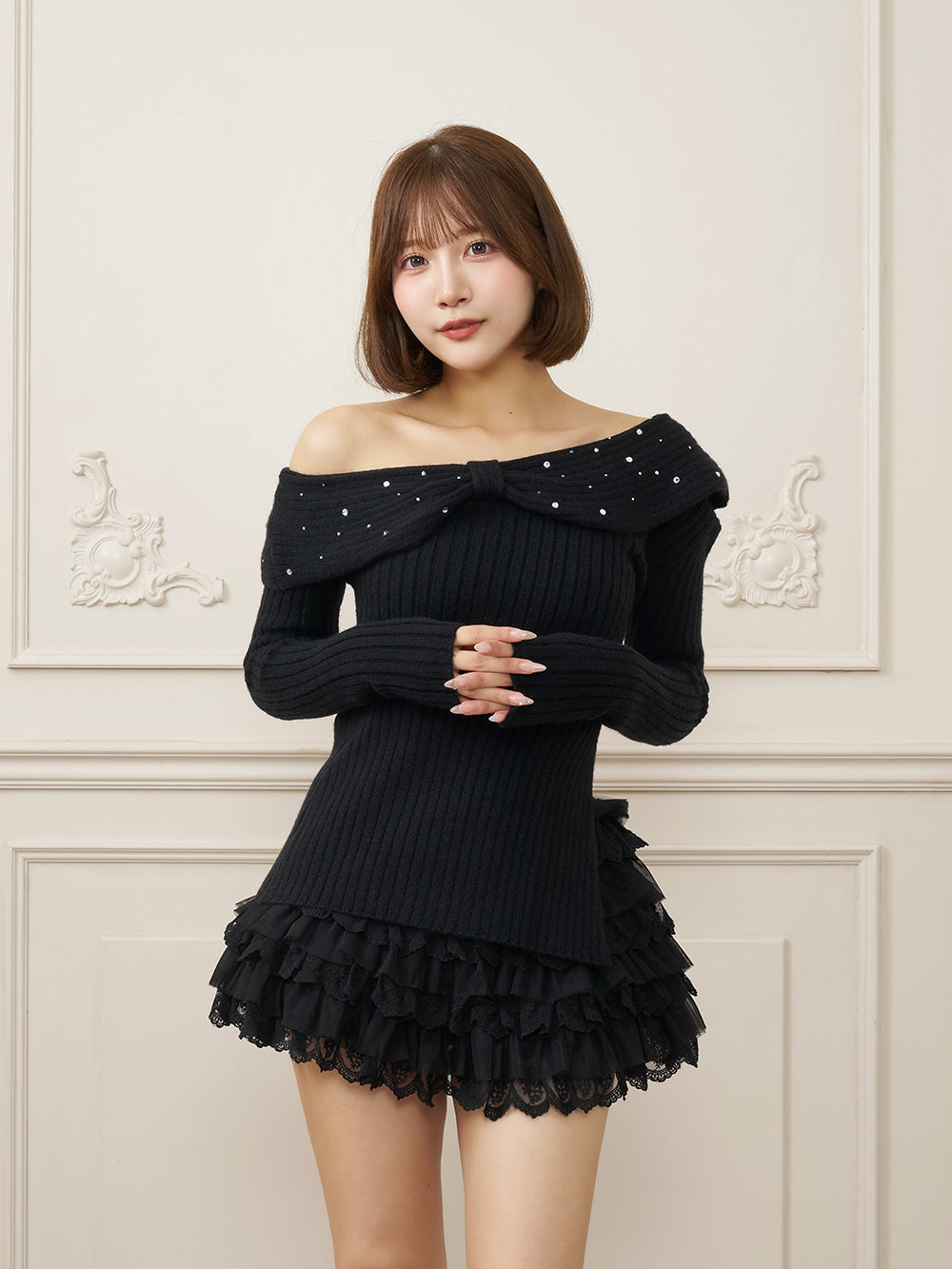 オフショルリボンレースフリルセットアップ - blk