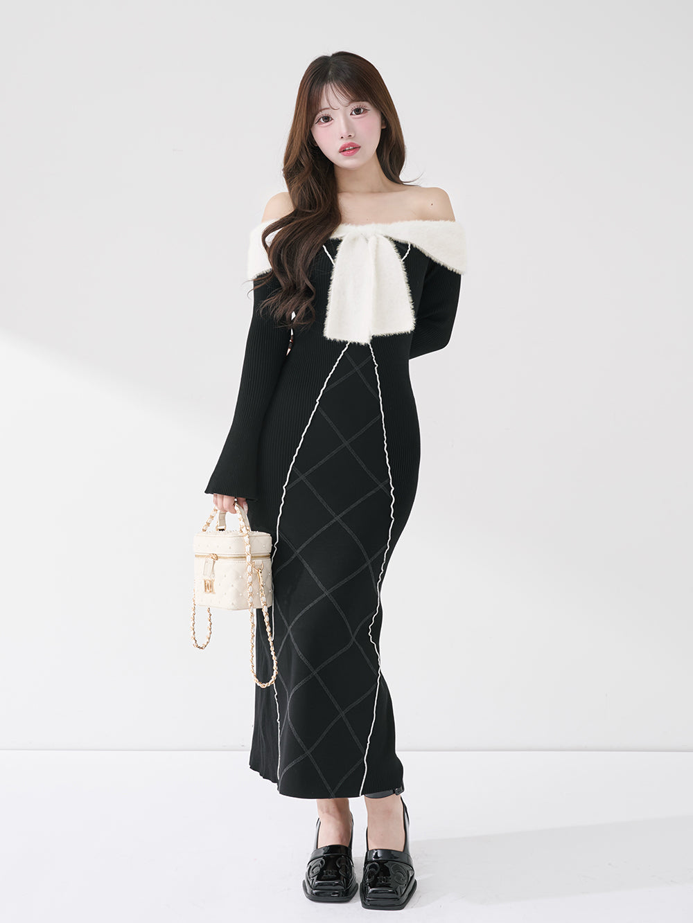 リボンステッチニットロングワンピース - blk