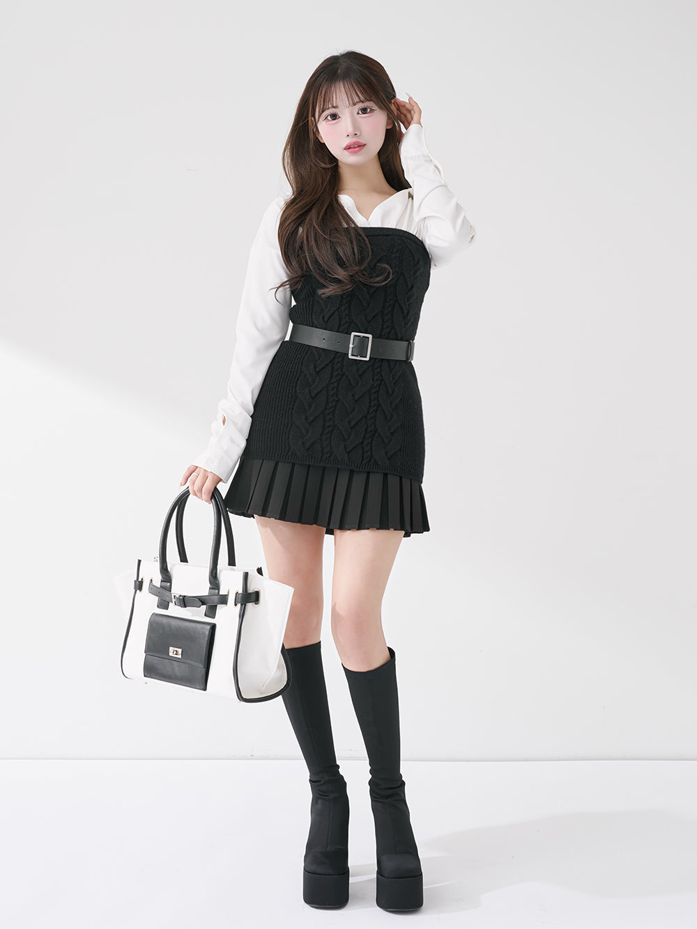 シャツドッキングプリーツニットミニワンピース – Darich