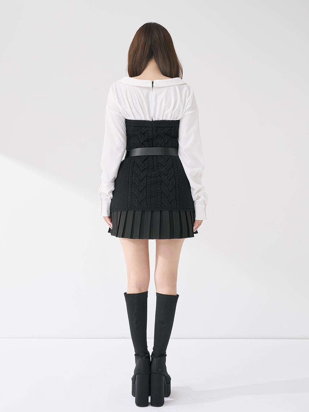 シャツドッキングプリーツニットミニワンピース – Darich