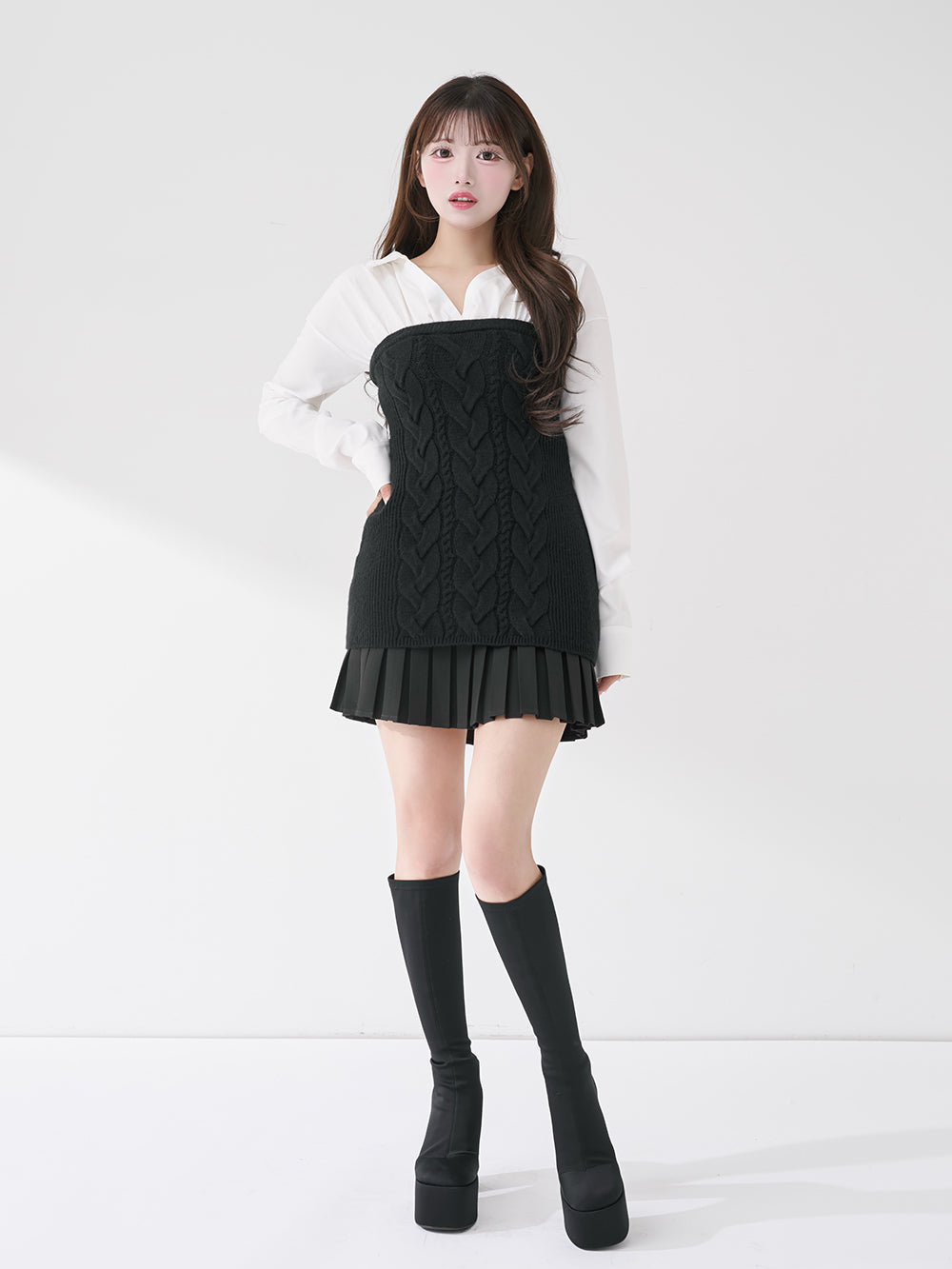 Darich ダーリッチ シャツドッキングニットミニワンピース BLK FREE ダーリッチ Darich シャツドッキングニットミニワンピース （ブラック