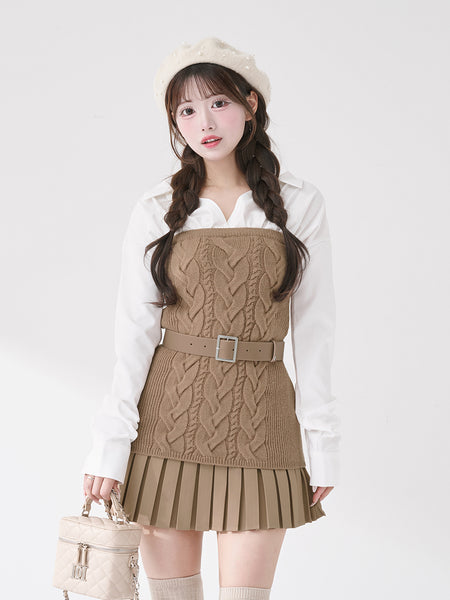 Shirt-layered Pleated Knit Mini Dress