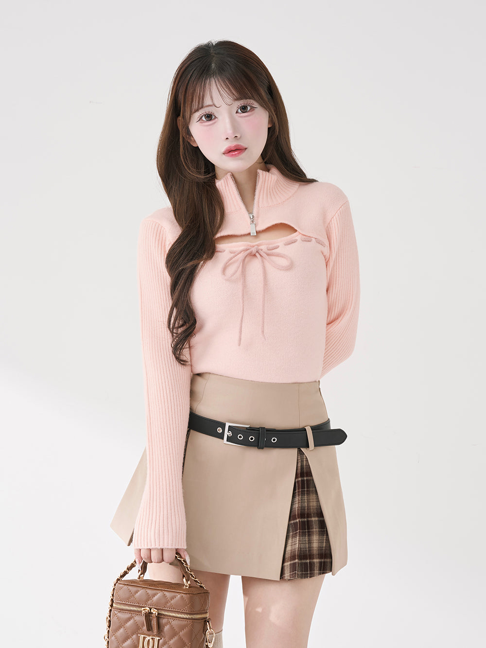 ステッチリボンオープンニットトップス - b-pnk