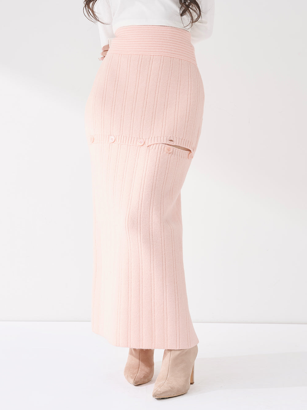 スリットデザインニットロングスカート - b-pnk
