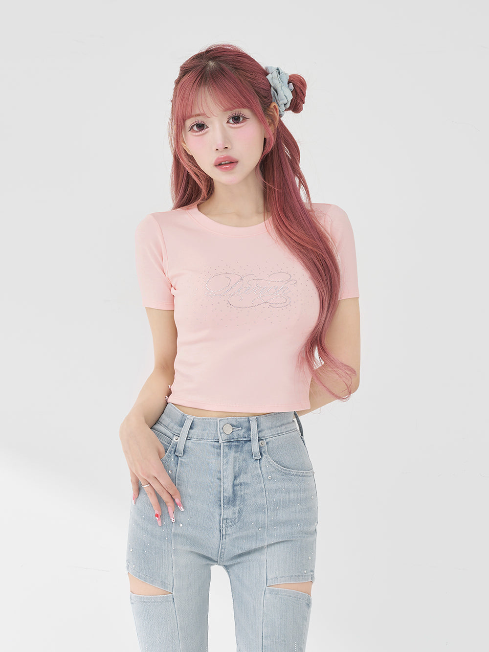 ロゴビジューエンジェルモチーフTシャツ - pnk