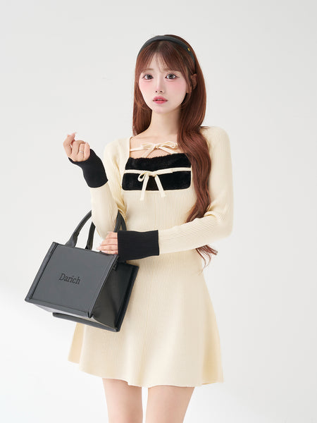 Ribbon Faux Fur Flare Knit Mini Dress