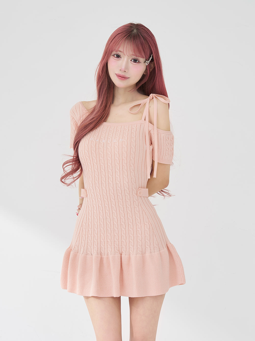 ロゴケーブルワンショルニットミニワンピース - pnk