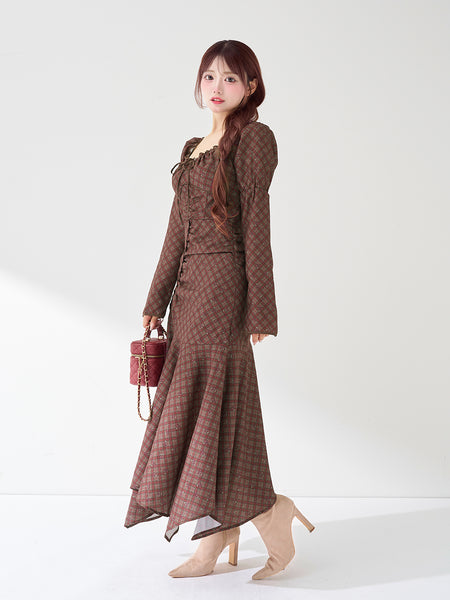Checked Cherry Design Long Dress