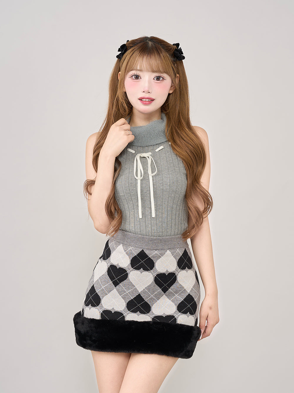 ステッチリボンノースリニットトップス - gry