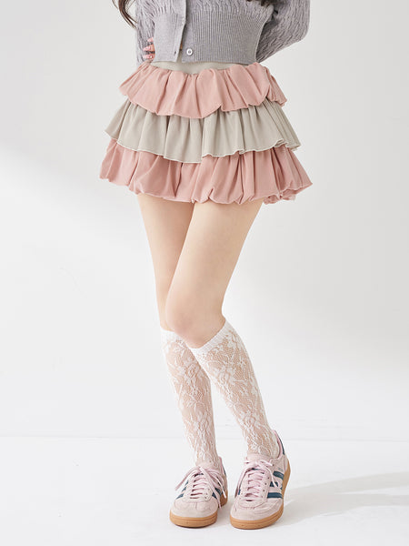 Cut Frill Mixed Mini Skirt
