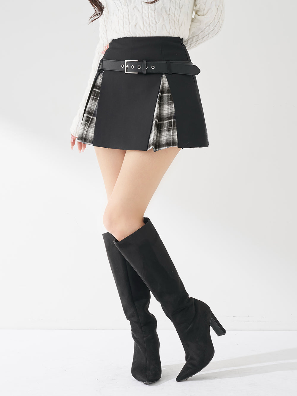 チェックドッキングミニスカート - blk