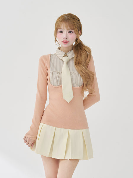 Tie-Neck Shirt-Style Knit Mini Dress