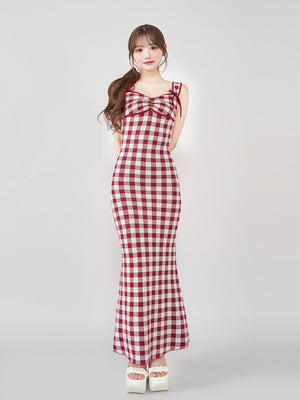 【予約商品】ギンガムジャガードニットロングワンピース