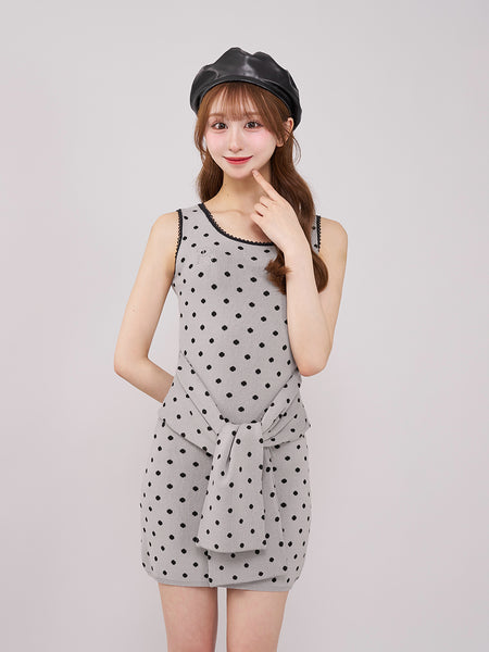 Waist-marked polka dot knit mini dress