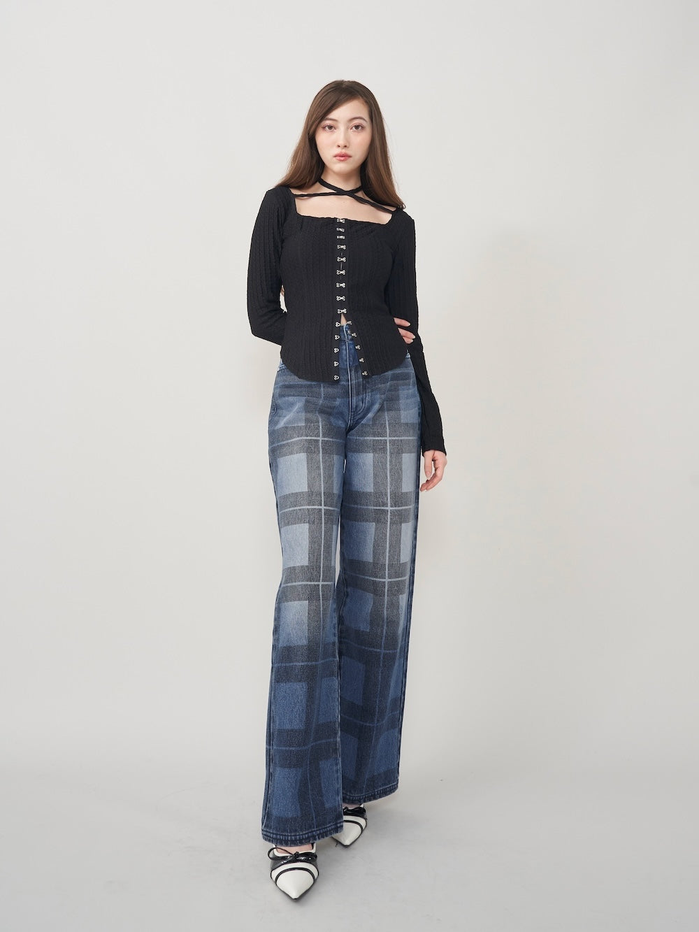 ブロックチェックワイドデニムパンツ
