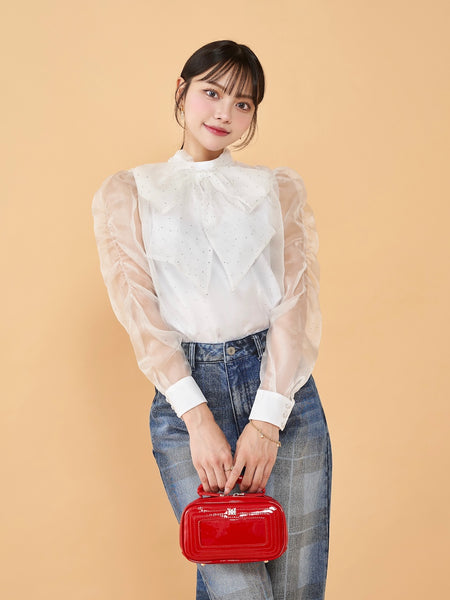 Studded Sheer Bow Tie Blouse