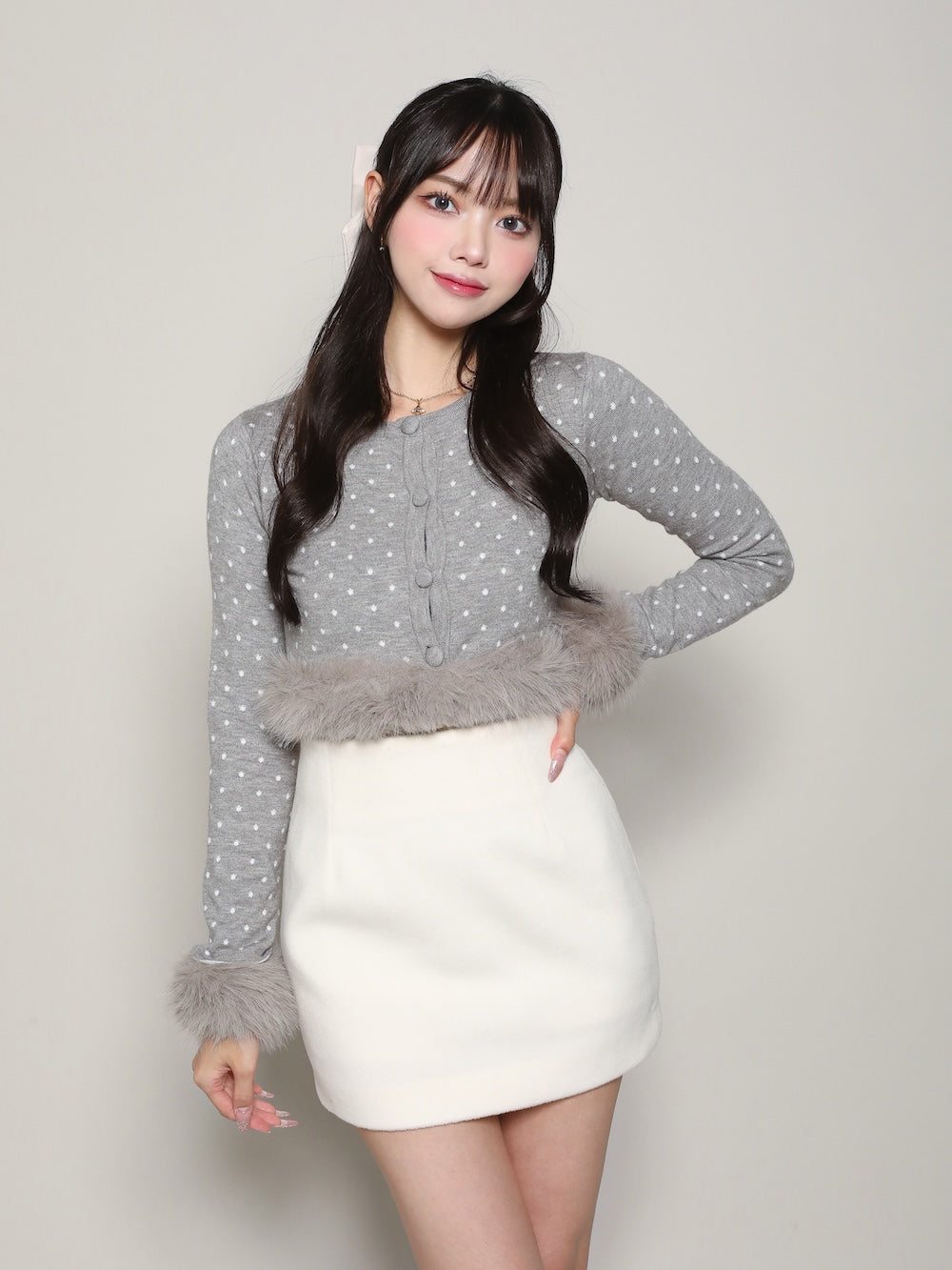ドットジャガードフェザーニットトップス - gry