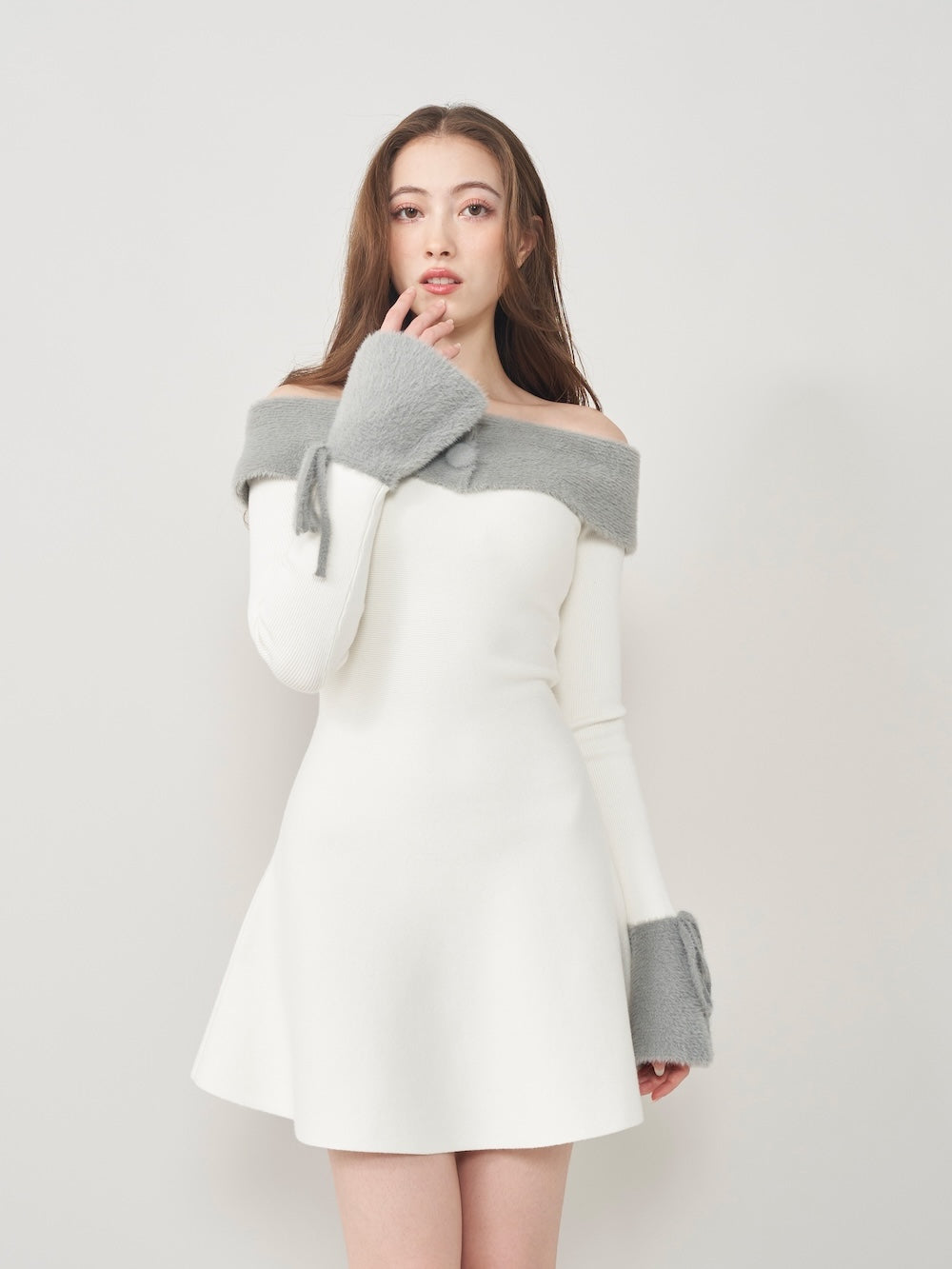 オフショルシャギーニットミニワンピース - gry