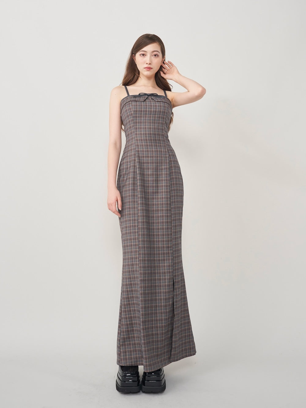 レザーリボンチェックロングワンピース - gry