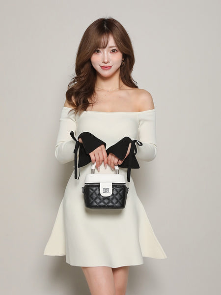 Off-shoulder Flared Knit Mini Dress