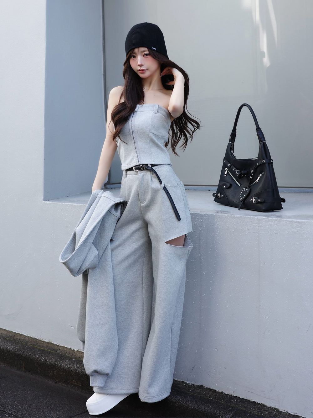 ボンディングスウェットサイドスリットワイドパンツ