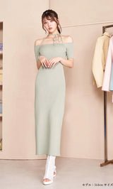 オフショルニットリボンワンピース