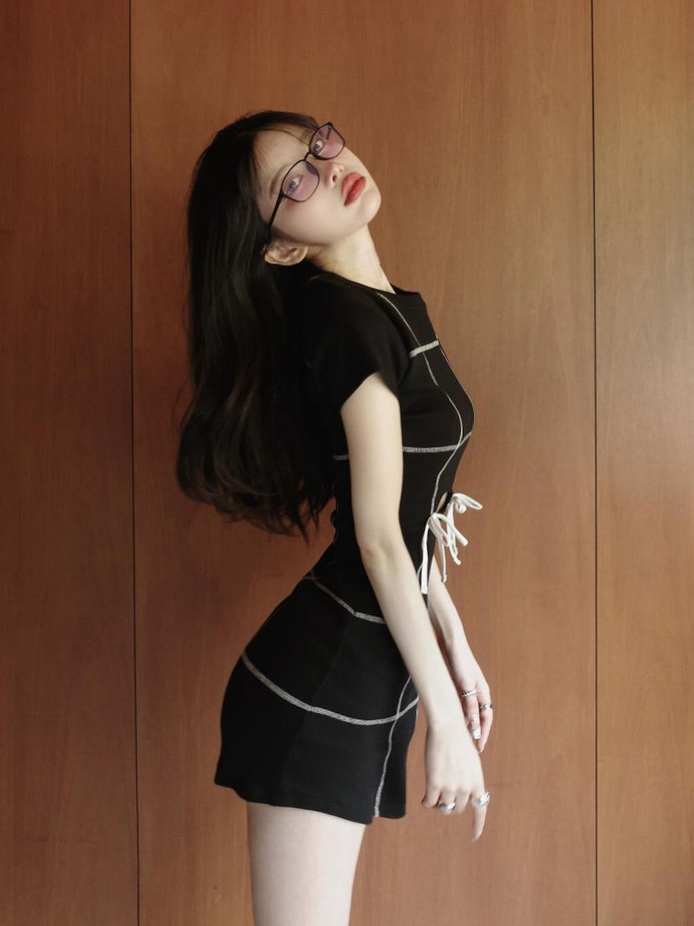 Darich ステッチリボンリブミニワンピース BK freeL 極美品* ダーリッチ Darich ステッチリボンリブミニワンピース