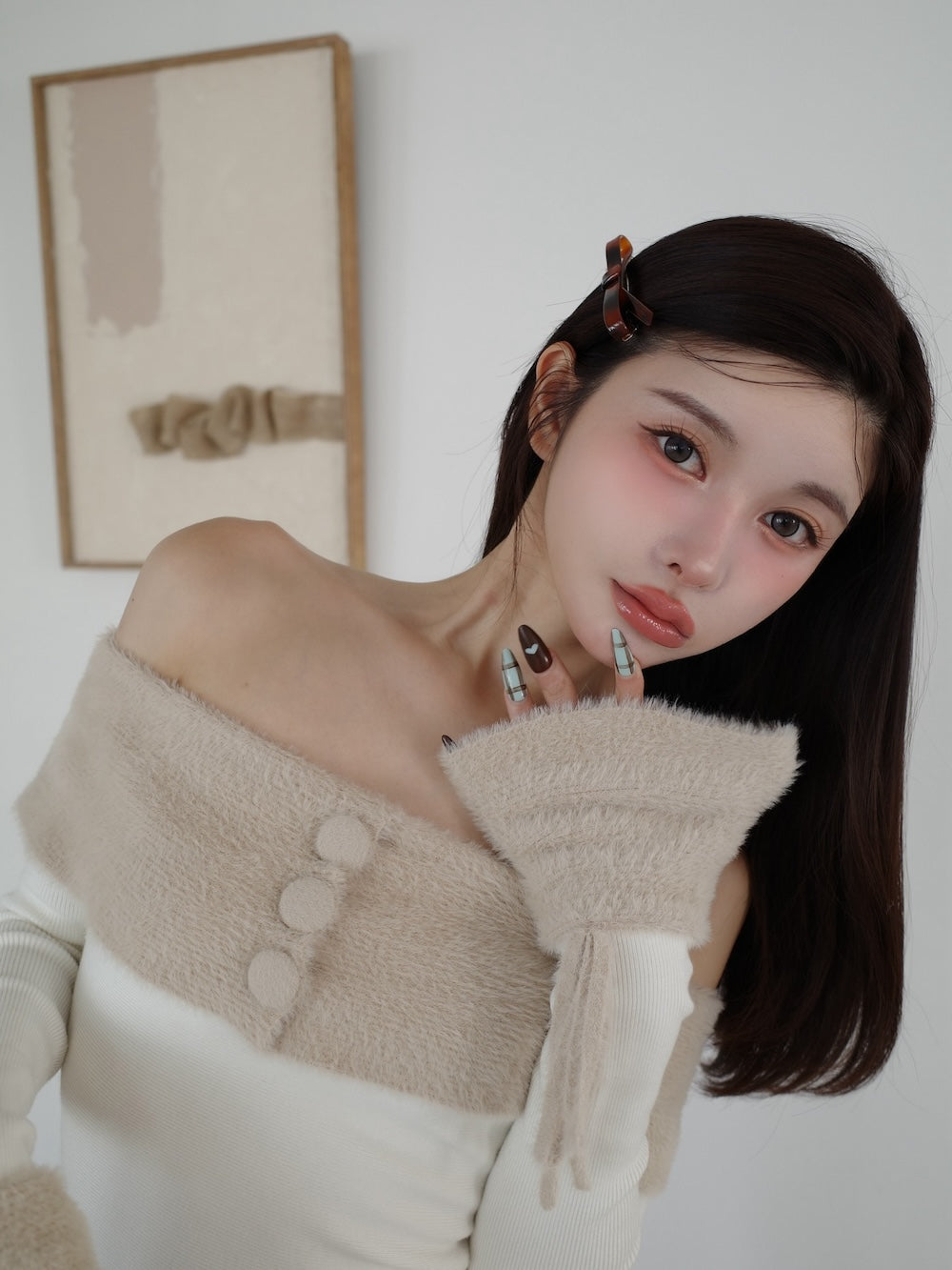オフショルシャギーニットミニワンピース