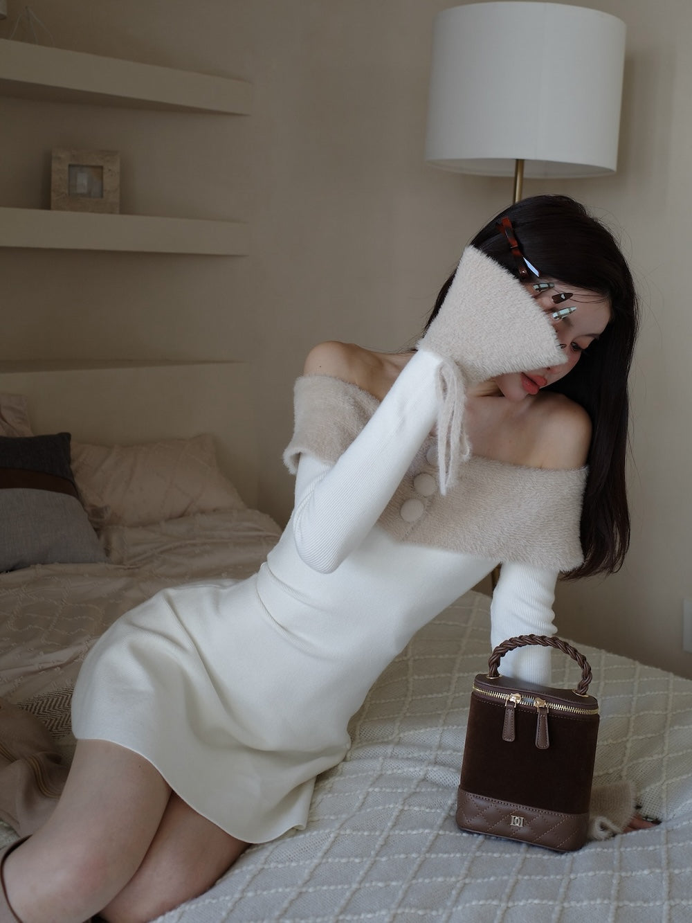オフショルシャギーニットミニワンピース