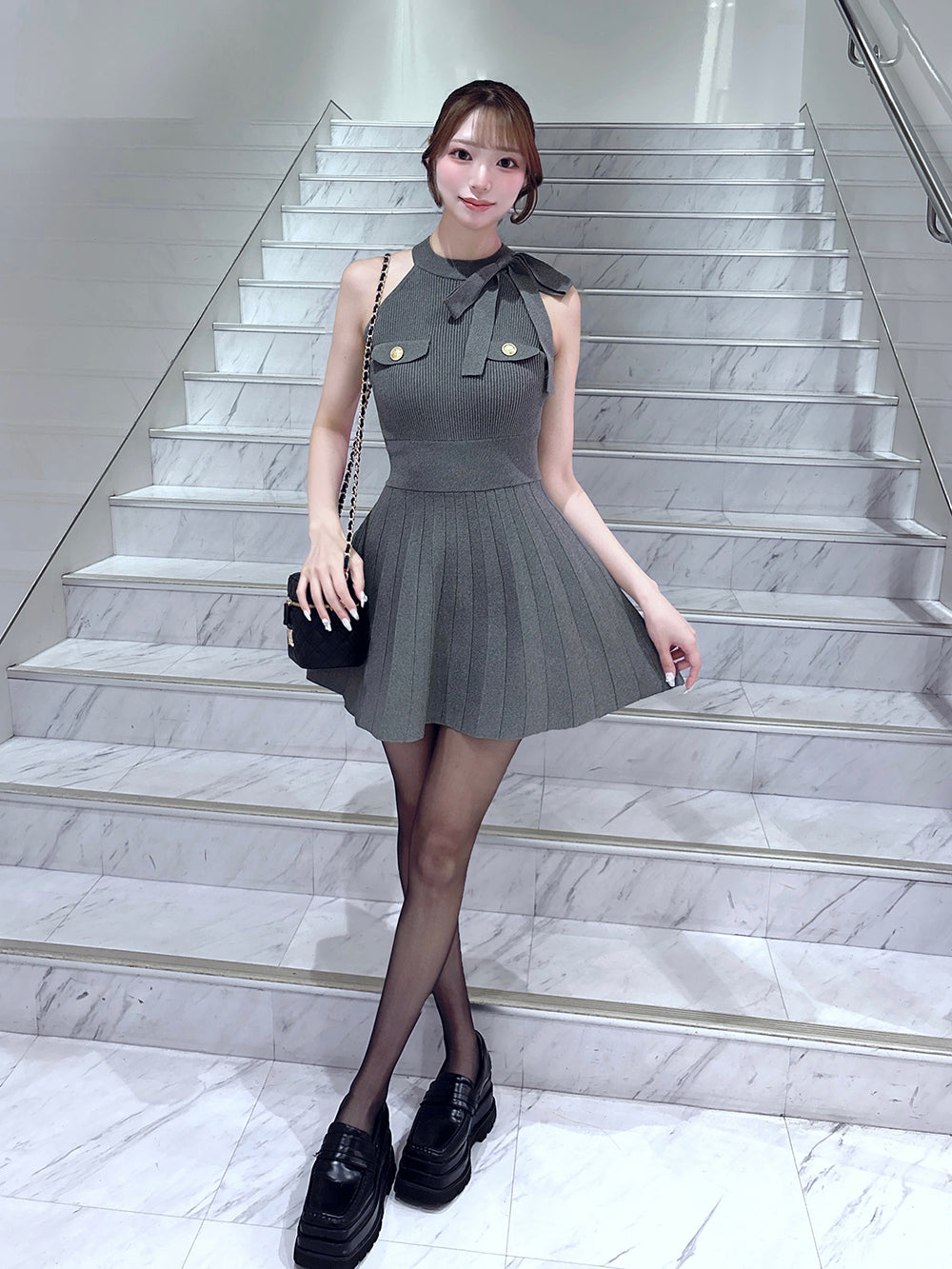 Pleated Knit Mini Dress with Neck Ribbon