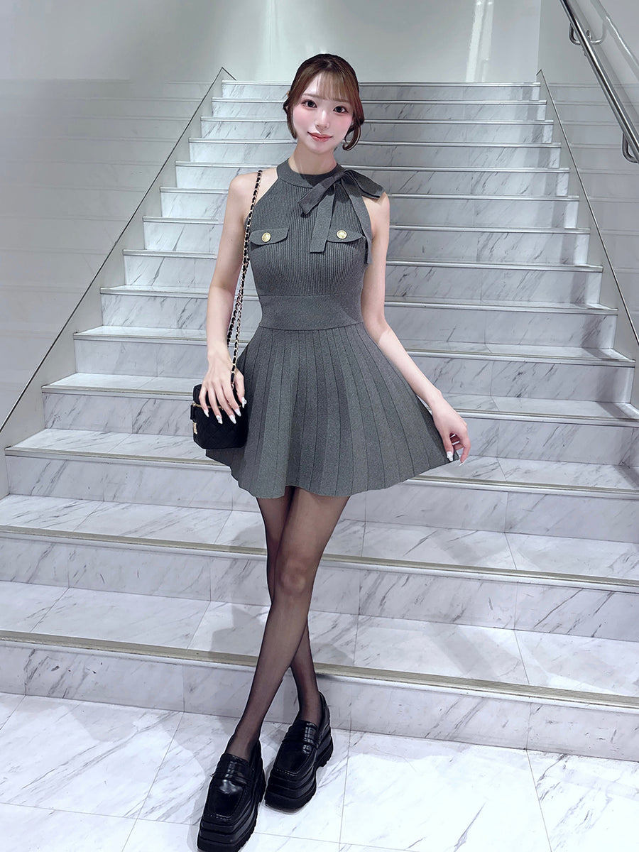 Pleated Knit Mini Dress with Neck Ribbon