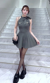 Pleated Knit Mini Dress with Neck Ribbon