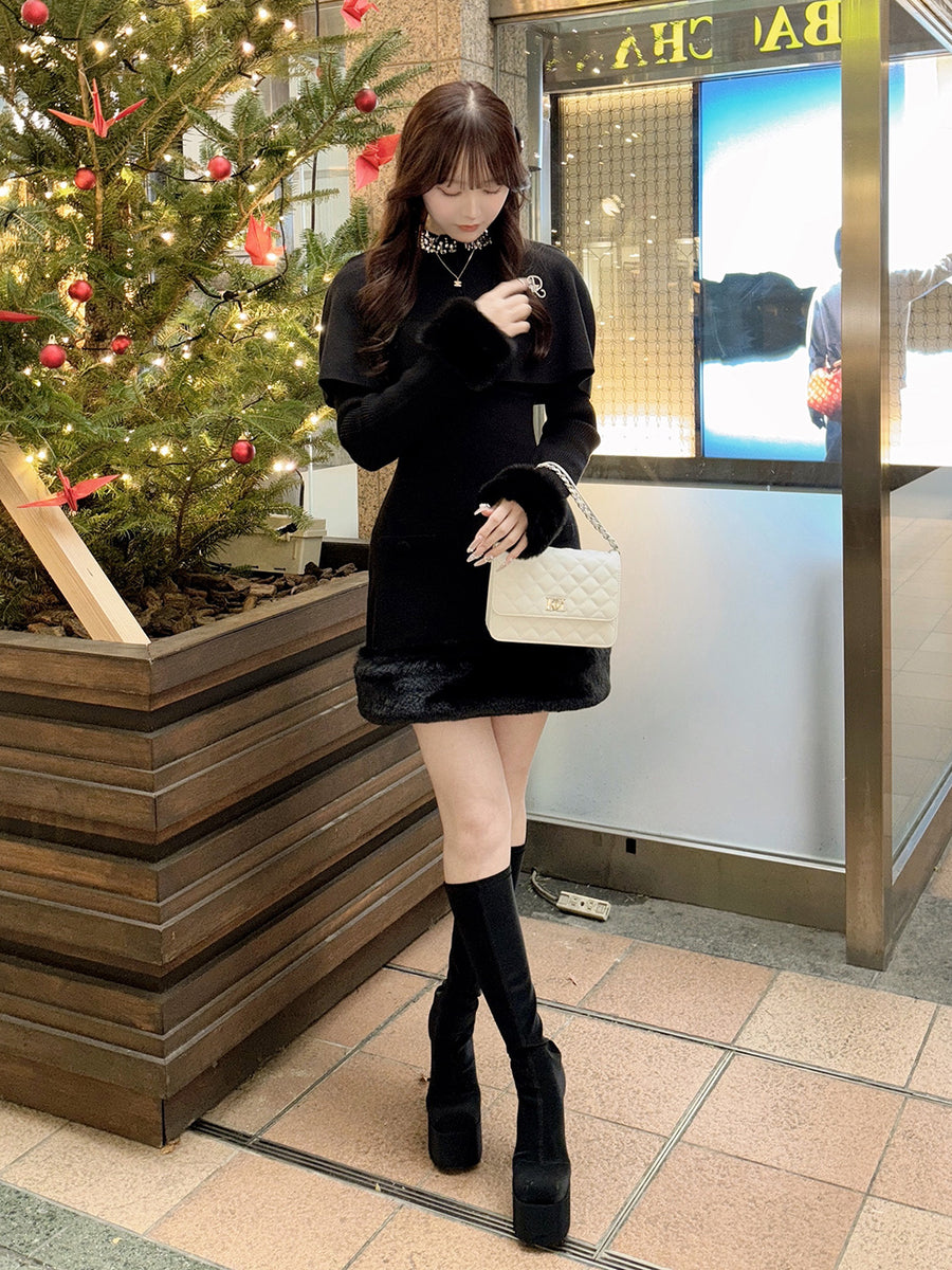 ビジューケープニットミニワンピース