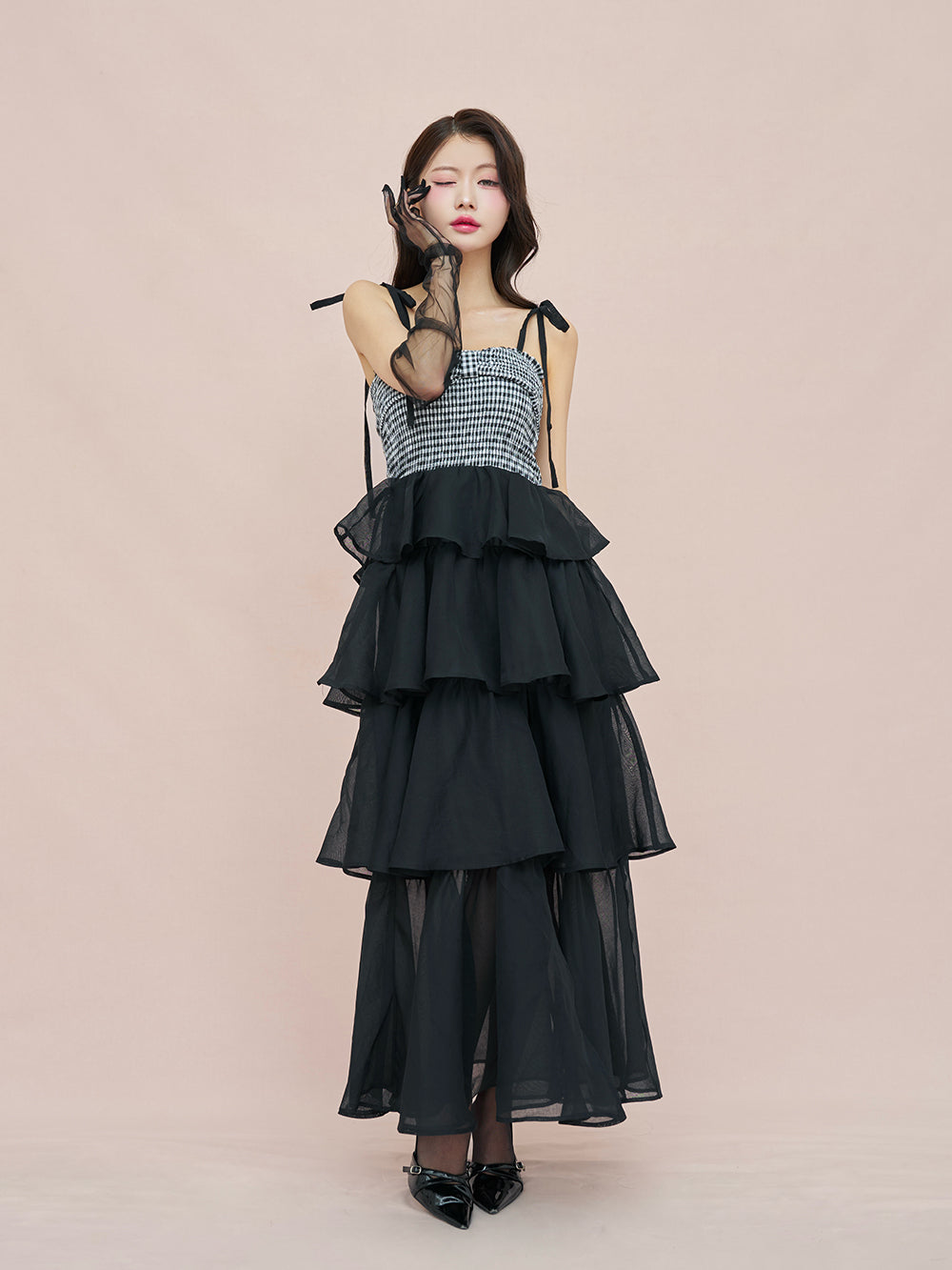 Slit Check Long Dress - blk