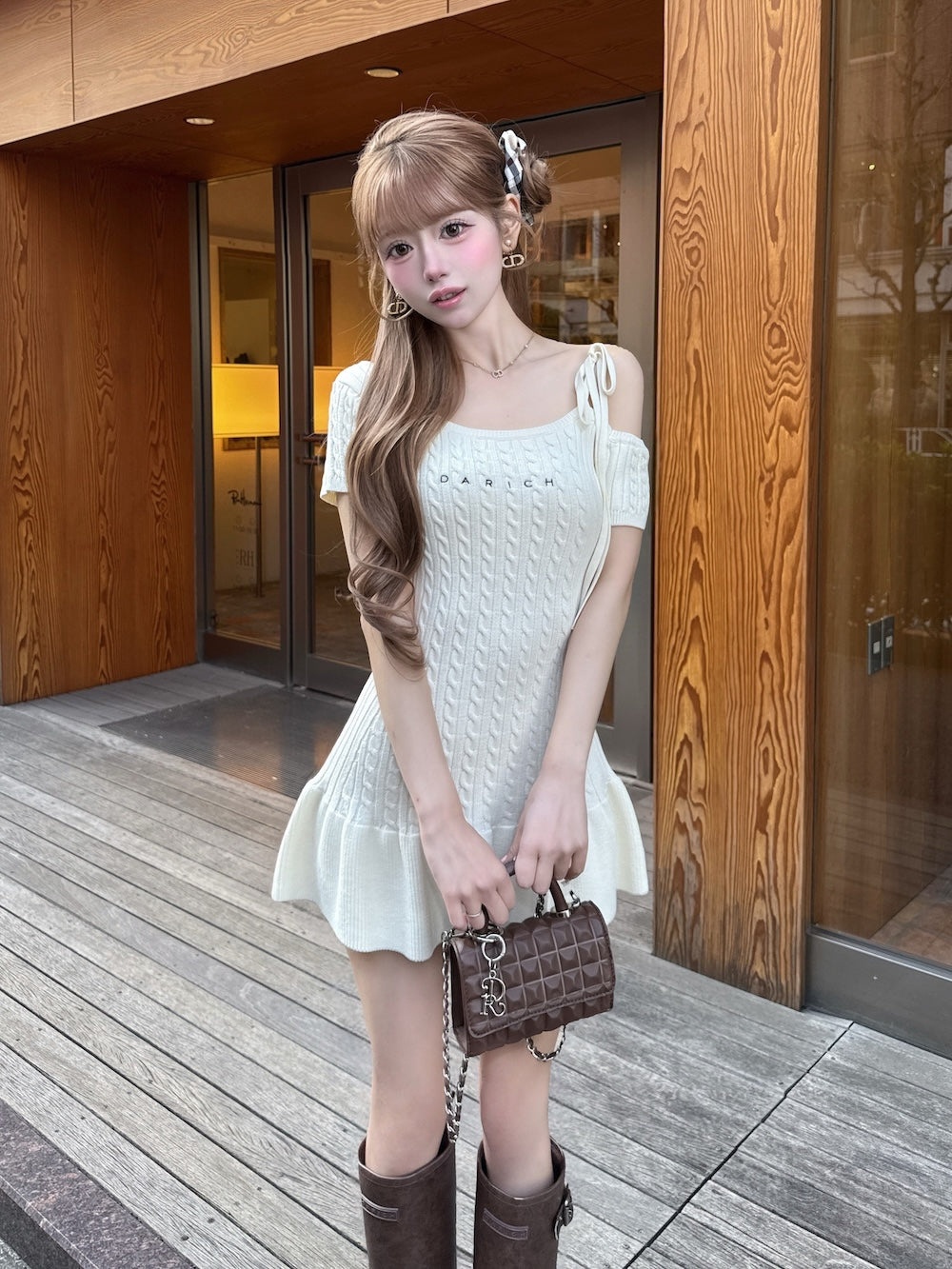 ロゴケーブルワンショルニットミニワンピース