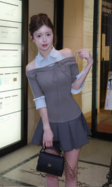 シャツドッキングオフショルプリーツミニワンピース – Darich