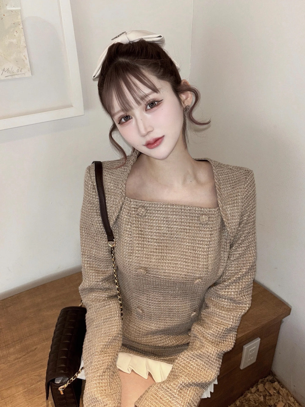 プリーツドッキングツイードミニワンピース