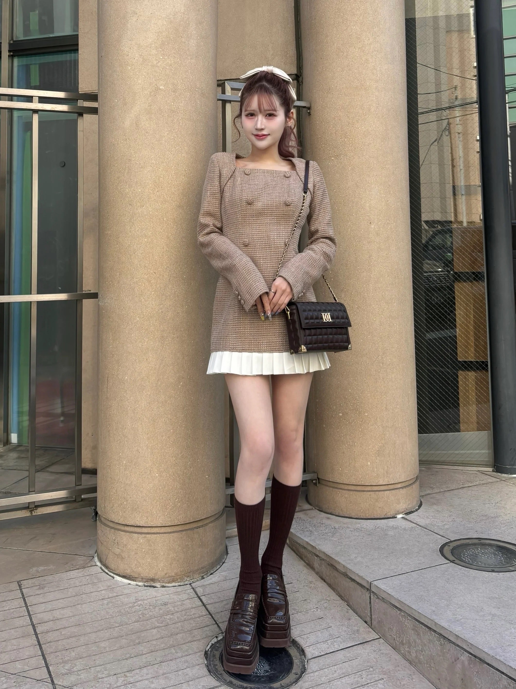 Darich プリーツドッキングツイードミニワンピース Freeサイズ BRN ダーリッチ Darich プリーツドッキングツイードミニワンピース