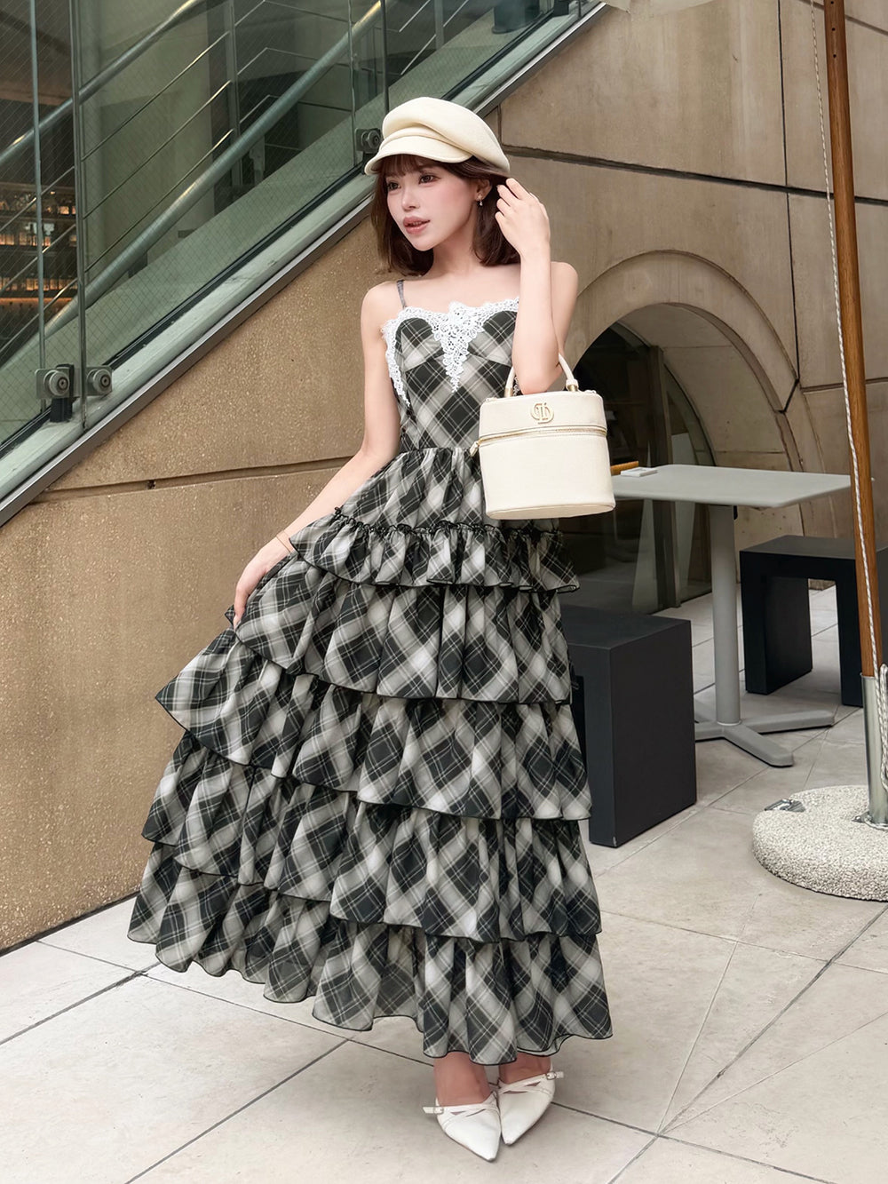 スカラップレースチェックシフォンロングワンピース – Darich