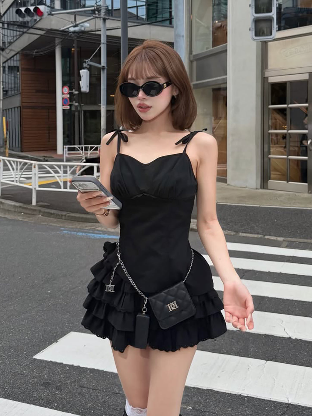 ショルダーリボンレースフリルセットアップ